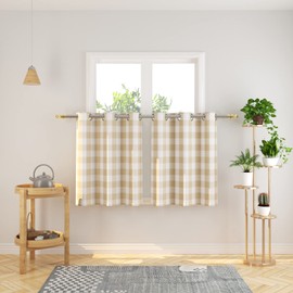 NATUS WEAVER 3 Pc Cotton Classic Country Farmhouse Kitchen Window Curtain Grommet Top -Beige & White Buffalo Check Tier & Valance Set, 54" x 18" / 32" x 30"