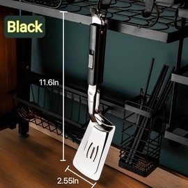 Jrsoul He Kitchen Cooking Tongs 11.6 inch 304 Stainless Steel Grill Clamp Spatula for Flipping Bread Steak Fish Toast-Sliding Buckle Push Pull Design Barbecue Food Clip Black