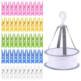 Pack of 50 Clothes Pegs with Clothes Pegs Basket, Windproof Clothes Clips, Multicoloured Plastic, Strong Grip, Windproof for Home and Garden