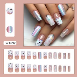 Medium Square Press on Nails Valentine’s Day Fake Nails Cute French Ice Cream Artificial Nails Full Cover Heart Designs Acrylic Press on False Nails Valentine Heart Stick on Nails for Women 24pcs
