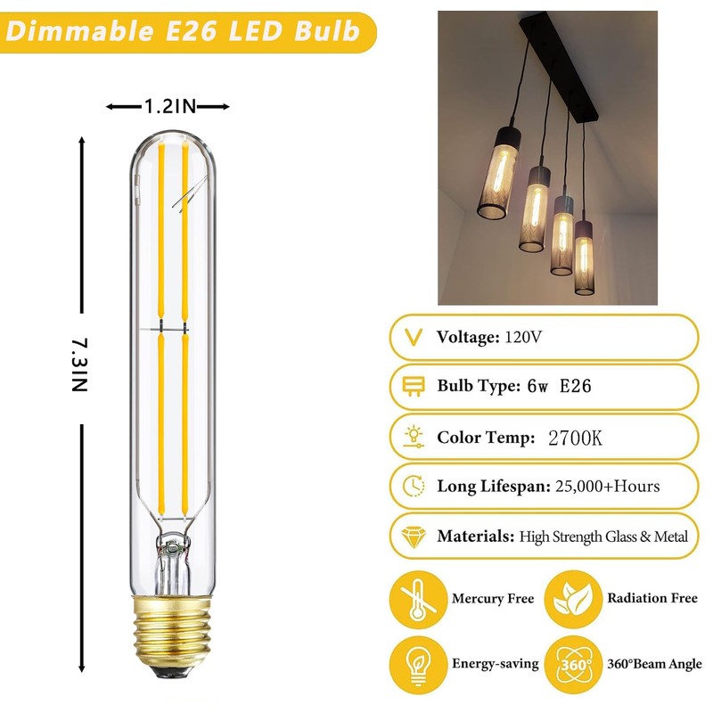 Tubular Light Bulb 7.3 Inch E26 LED Bulb Dimmable 6W