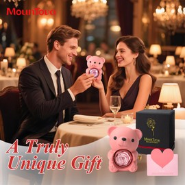 mountova Romantic Teddy Bear with Preserved Rose, Real Rose in Elegant Gift Box with Necklace for Women, Bear Roses Gifts for Valentine's Day,Weddings,Mother's Day,Anniversary,Birthday,Christmas, Pink