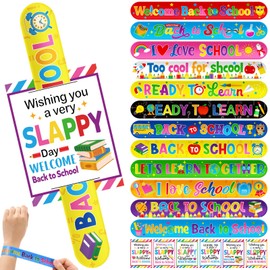 Soulchen 96 Pcs Back to School Slap Bracelets with Cards Set Colorful Welcome Back to School Slap Bracelets Party Favors Wristbands Set for Party Supplies Decorations Gifts Prize Rewards