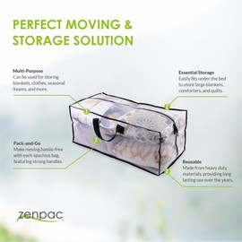 ZENPAC Large Blanket Storage with Handles, Zippered Clear Bags, Heavy Duty, Waterproof for Packing Clothes, Linens, Comforters, 27x12x13.75, 3 Pack