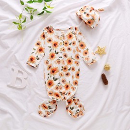 Moru Infant Baby Girls Cotton Sleeper Gowns Organic Cotton Floral Kimono Knotted Gown (Sunflower, 0-6 Months)