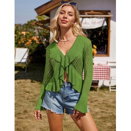 GRACE KARIN Women Hollow Out Cardigan Sweater Lapel Tie Front Crochet Knit Shrugs Long Bell Sleeves with Ruffled Hem Green X-Large