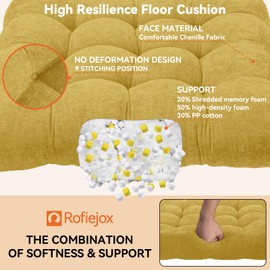 ROFIEJOX Large Floor Pillow for Adults/Kids, 22x22x4 inches Square Meditation Pillows for Sitting On Floor, Comfort Chenille Circle Floor Cushion, Memory Foam Filling for Yoga, Living Room, Yellow