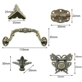 YHXiXi 12pcs Jewelry Box Antique Lock Latch Hasp Hinges Handle Box Corner Protectors Kit - Include 1 Antique Lock Latch Hasp 2 Hinges 1 Handle 8 Box Corner Protectors and Enough Screws