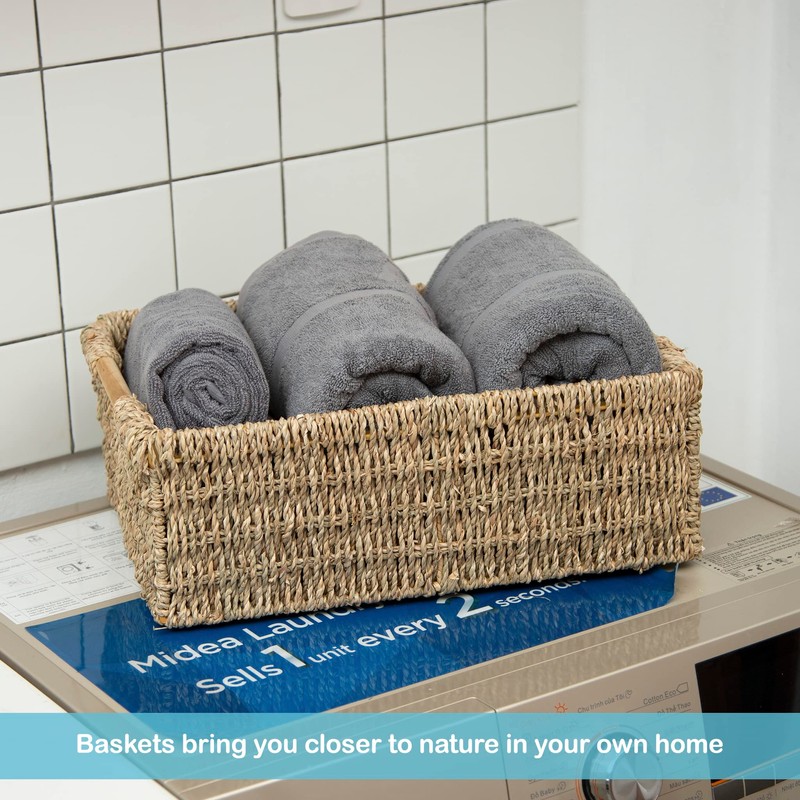 Large Natural Wicker Basket Rectangular with Wooden Handles, Seagrass Storage