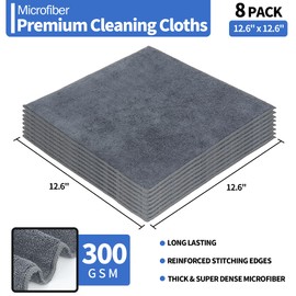 HOMERHYME Microfiber Cleaning Cloth, Premium 8 Pack Cleaning Towels, Lint-Free Streak-Free Ultra Absorbent, 300GSM Reusable Microfiber Towel for Cars Shop Garage Home Kitchen, 12.6" x 12.6" Grey