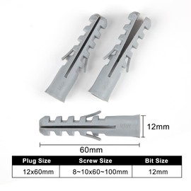 12x60mm Wall Plugs for Plasterboard Fixings, 25Pcs Expansion Hollow Cavity Drywall Plugs Raw Rawl Plug, Grey