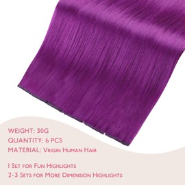 WENNALIFE Purple Clip-In Human Hair Extensions, 60 cm, 6 Pieces, 30 g, Remy Clip-In Hair Extensions, Natural Real Hair