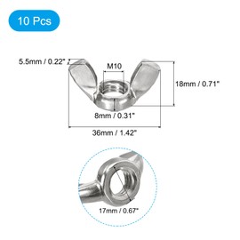 sourcing map M10x1.5mm Wing Nut 10 Pcs, 304 Stainless Steel Butterfly Wing Nuts Fasteners Parts Hand Twist Tighten Wing Nuts for Machinery Electronic Equipment DIY, Silver