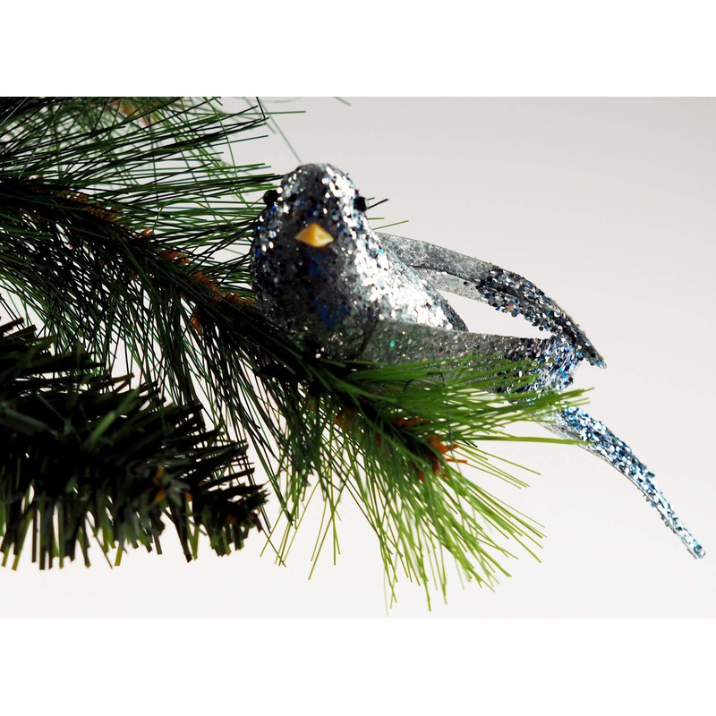 6 x Silver Glitter Encrusted Song Birds - Christmas Tree