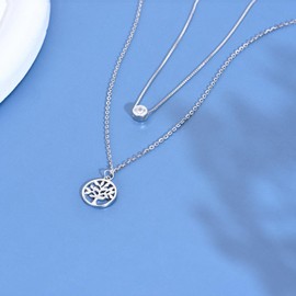E Jewelry Women's Tree of Life Necklace 925 Sterling Silver Tree of Life Layered Chain Double Multilayer Necklace with Round Pendant, Sterling Silver