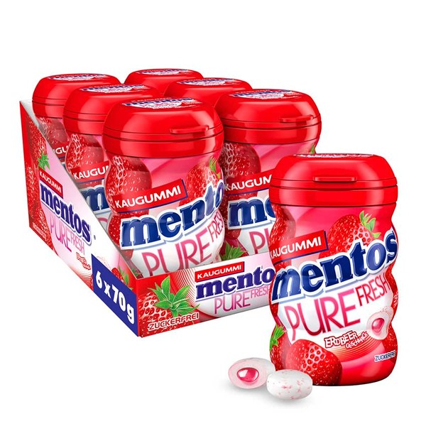 Mentos Pure Fresh Strawberry Chewing Gum, Sugar-Free, with Strawberry Flavour & Liquid Filling, 6-Box Multipack (6 x 70 g)