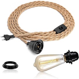FRIDEKO HOME Pendant Light Kit with Switch - Vintage Lamp Cable with 4.5 m Twisted Hemp Rope E27 Lamp Holder Plug in DIY Hanging Light for Farmhouse Home Loft - Bulb Not Included