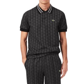 Lacoste Mens Seasonal Short Sleeve Classic Fit Monogram Polo, Black/Graphite, X-Large