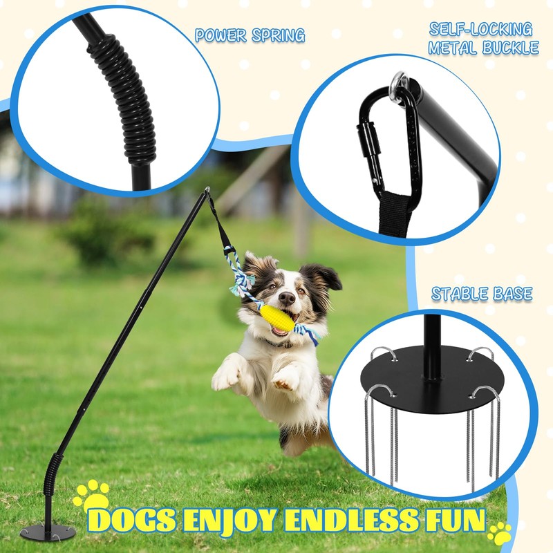 Outdoor Dog Tug Toy, Durable Spring Pole, 3 Ropes &
