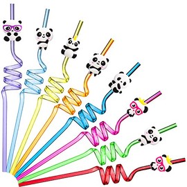 24 Pieces Panda Drinking Straws Reusable Panda Theme Straws Plastic Panda Drinking Straws for Birthday Party Bar Wedding Party Favors Supplies