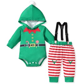 Unutiylo Infant Baby Boys Christmas Outfit My First Christmas Elf Santa Hoodie Romper Clothes Set 3-6 Months Green