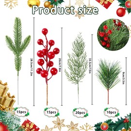 Vellibring 60 PCS Artificial Pine Branches Christmas Faux Pine Greenery Stems Red Holly Berries Fake Cedar Pine Needles Picks for Christmas Tree Wreath Garland DIY Crafts Holiday Home Decoration