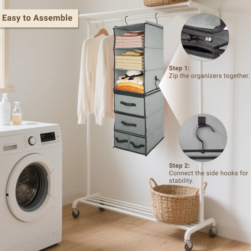 2-in-1 Durable 6-Tier Hanging Closet Organizer with 4 Removable Drawers,2