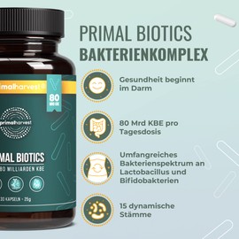 Primal Harvest ® Biotics - 30 capsules - 15 bacterial strains - 80 billion CFU + inulin and live cultures - laboratory tested - gastric juice-resistant capsules