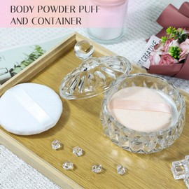 Body Powder Puff and Container, Crystal Dusting Powder Container with Puffs, Ridged-Lid Body Powder Container with 2 Washable Reusable Soft Powder Puffs for Body Dusting Powder (Large Size)