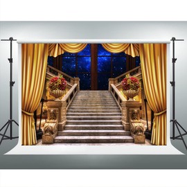 VIDMOT Old Castle Stairs Background for Party Decoration 7x5ft Golden Drapery Backdrop for Photo Photography Studio Set Props BJLSVV961