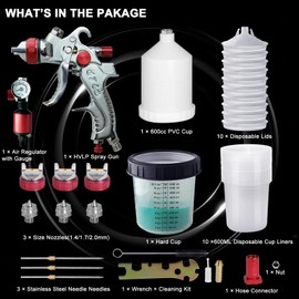 Colodsuhey Paint Sprayer Gun Set, HVLP Spray Paint Gun with 1.4, 1.7, 2.0mm Nozzle 600CC Cup 10pcs 20 Ounce Disposable Mixing Cups & Oil Separator for Cars & DIY Furniture Painting