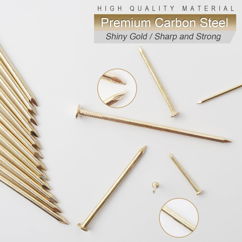 6 Sizes Gold Hardware Nails Assortment Kit, 358pcs, Brass Plated,