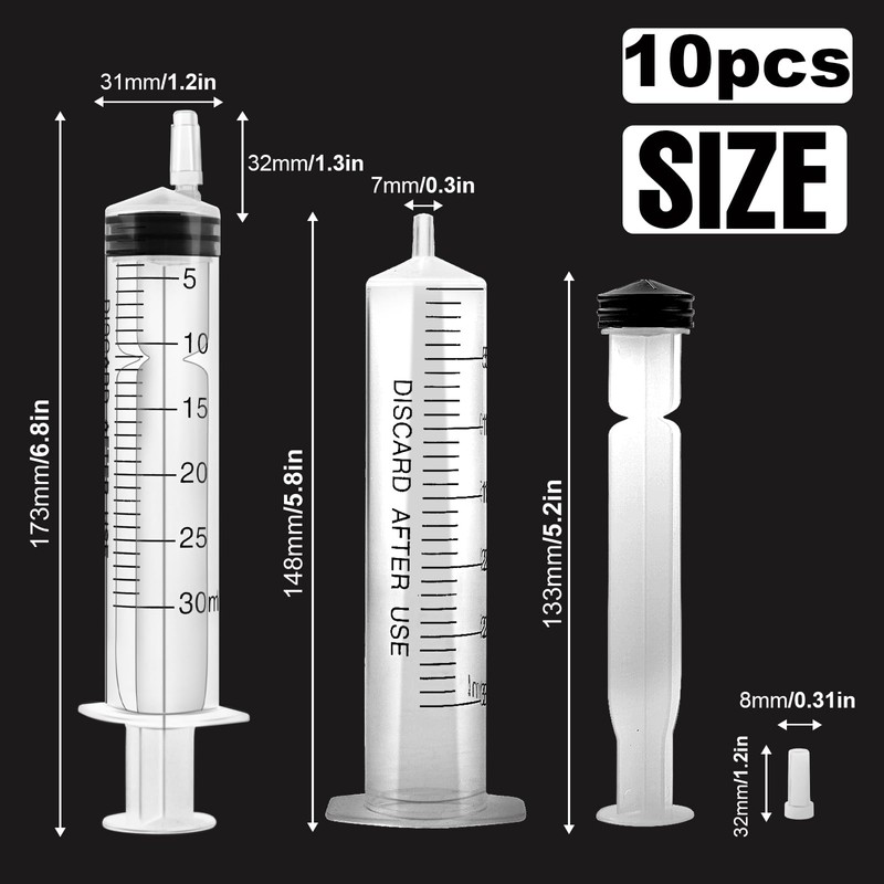 30ml Plastic Syringes,10 Pack Individually Packaged Syringes with Caps, Sterile
