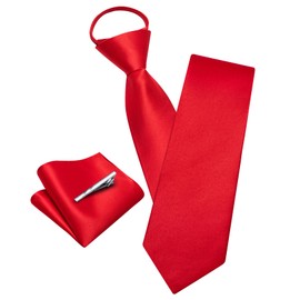 Barry.Wang Solid Color Pre-tied Ties for Men Zipper Necktie and Pocket Square Tie Clip Set Adjustable Red Tie Wedding