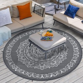 MilleLoom Round Rug 6x6 Outdoor Rug Waterproof Outdoor Rug Mat for Patio, Boho Rug Waterproof Reversible Plastic Straw Round Rugs,Waterproof Mat,Reversible Plastic Camping Rugs,Grey