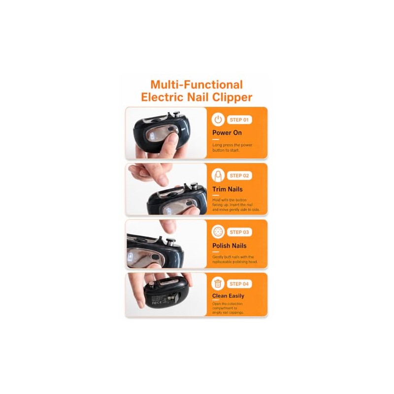 4-in-1 Electric Nail Clipper, One-Touch Interchangeable Heads, Built-in Magnifier &