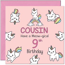 9th Cousin Birthday Card - Funny Cat Cute Cousin's Birthday Card for 9 Year old Kids Nine, Ninth