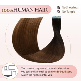 AGMITY Hair Extensions Real Human Hair Tape in Omber Off Black/Middle Brown 22 inches 20pcs 50g/pack Straight Seamless Weft Skin Hair Tape in Extensions(22 inches #T1b-4)