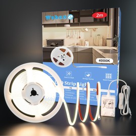 WOBANE COB LED Strip, 2 m, 640 LEDs, Super Bright LED Strip with Power Supply, 12 V LED Under-Unit Light, Flexible LED Strip for Kitchen, Bedroom, Desk, Workbench, TV, Shelf, DIY, CRI 90+, 900 lm,
