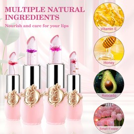 Ceboic Set of 4 Crystal Flower Jelly Lipstick Set, Magic Temperature Colour Changing Lip Gloss Transparent Waterproof Lip Balm, Long-Lasting Moisturising Cream Jelly Lipstick for Mother Girls