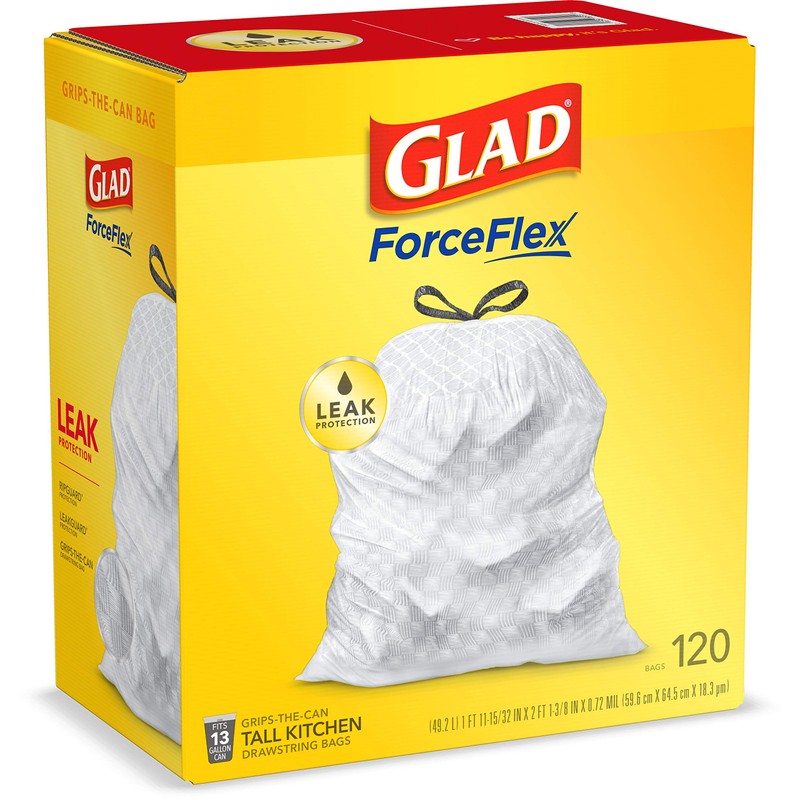 Glad ForceFlex Tall Kitchen Drawstring Trash Bags, 13 Gallon, 120