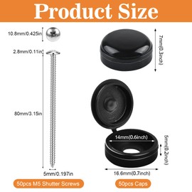 Akamino 50 Set 3 Inch Shutter Screws and Plastic Screw Caps,M5*80 Heavy Duty Exterior Shutter Screws with Black Hinged Fold Over Caps Washer Flip Tops for Furniture Windows Construction