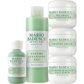 Mario Badescu-men Grooming Basics Kit de 5 piezas, set de regalo para el cuidado de la piel para hombres con acondicionador previo al afeitado, crema de afeitar, exfoliante facial de almendras y miel, loción para después del afeitado y gel limpiador enzim