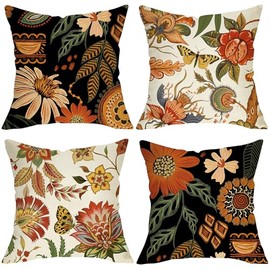 Fjfz Boho Fall Flower Decorative Throw Pillow Covers 18 x 18 Set of 4, Bohemian Autumn Vintage Floral Botanical Porch Outdoor Home Decor, Retro Farmhouse Butterfly Sofa Couch Cushion Case