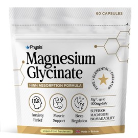 Physis Magnesium Glycinate 400mg Daily | High Absorption Vegan Capsules for Sleep, Mood & Muscle Support | Non-Laxative, Natural Mineral | Relaxation, Stress & Anxiety Relief | 60 x Chelated Capsules