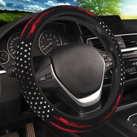 Red Black American Flag Elastic Steering Wheel Cover, Non-Slip Breathable Neoprene Steering Wheel Covers, Men Car Accessories, Universal 15 Inch Fit Auto, Suvs, Truck