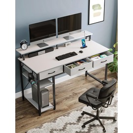 Rolanstar Computer Desk with Power Outlets & LED Light, 55 inch Home Office Desk with Drawers and Storage Shelves, Writing Desk with Monitor Stand, Modern Work Study Desk for Home Office, White