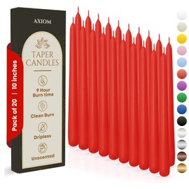 Axiom 20 Count Red Taper Candles - 10 inch Dripless - Unscented Smokeless Tall Candle Sticks - 9 Hour Burn Time - Tapered Candles for Home, Centerpieces, Dinners, Weddings, Parties, Celebration
