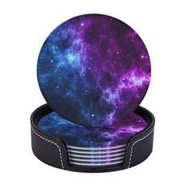 Cool Space Galaxy Blue Purple Planet Star Coasters for Drinks Round Leather Coaster with Holder Set of 6 for Tabletop Protection Desk Accessories Office Home Room Decor