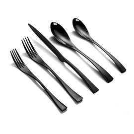 Lemeya 20-Piece Black Silverware Set for 4,Heavy Duty 18/10 Stainless Steel Flatware Set with Forged Stand Knife,Modern Cutlery Utensil Set,Forks Spoons and Knives Set,Mirror Polished,Dishwasher Safe